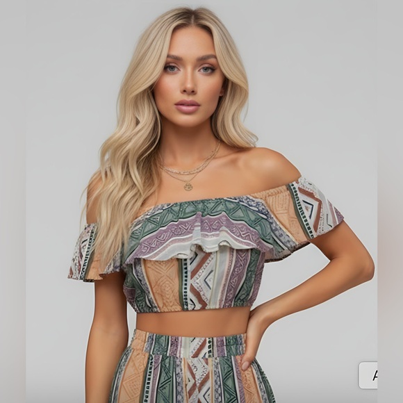 Boho Flounce Off Shoulder Geo Top & Split Thigh Pants Set - Picture 2 of 8